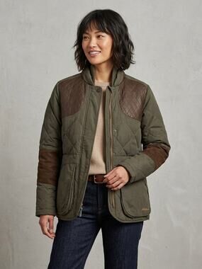 Women's Eddie Bauer 1936 Skyliner Down Hunting Jacket Leather Patches Green L